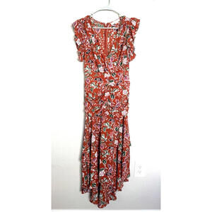 Franco Women's Small Rust Red Floral Midi Dress‎ Ruffle Sleeve Asymmetrical Hem